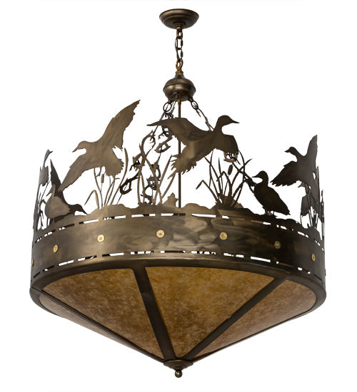 Meyda Lighting Ducks in Flight 36" 4-Light Antique Copper Inverted Pendant Light With Amber Mica Shade Glass