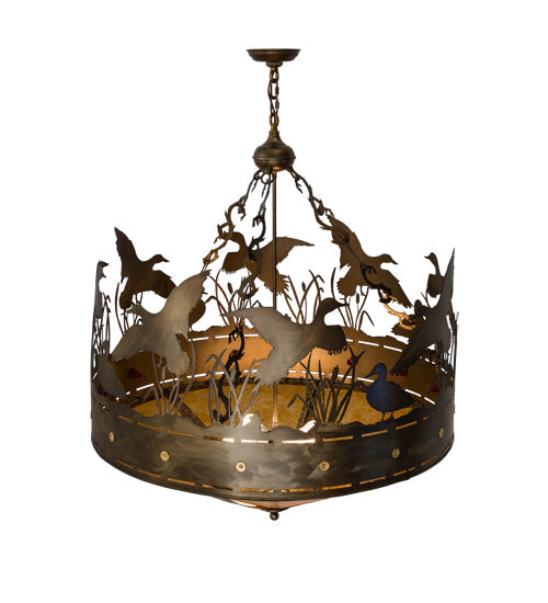 Meyda Lighting Ducks in Flight 36" 4-Light Antique Copper Inverted Pendant Light With Amber Mica Shade Glass