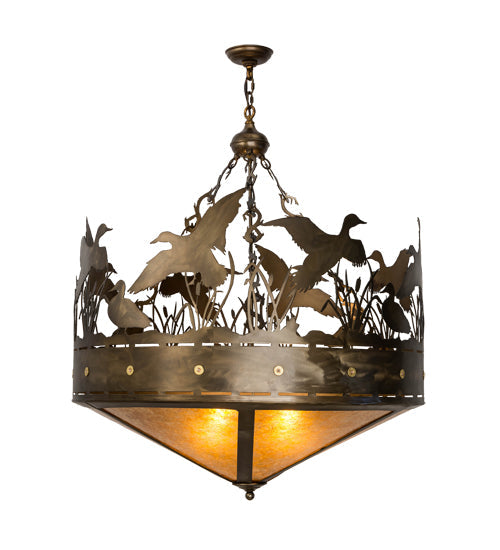 Meyda Lighting Ducks in Flight 36" 4-Light Antique Copper Inverted Pendant Light With Amber Mica Shade Glass