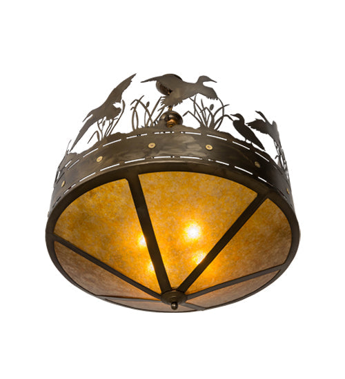 Meyda Lighting Ducks in Flight 36" 4-Light Antique Copper Inverted Pendant Light With Amber Mica Shade Glass