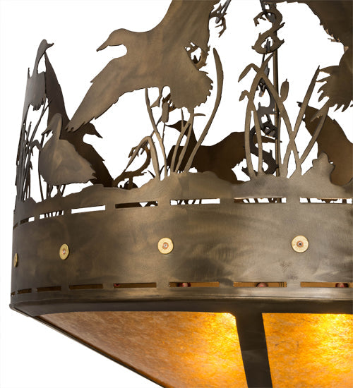 Meyda Lighting Ducks in Flight 36" 4-Light Antique Copper Inverted Pendant Light With Amber Mica Shade Glass
