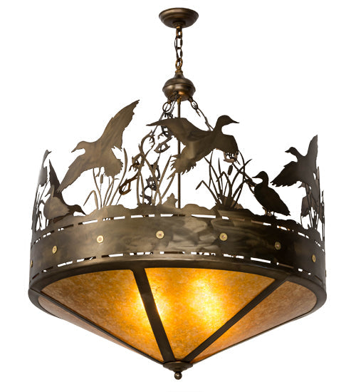 Meyda Lighting Ducks in Flight 36" 4-Light Antique Copper Inverted Pendant Light With Amber Mica Shade Glass