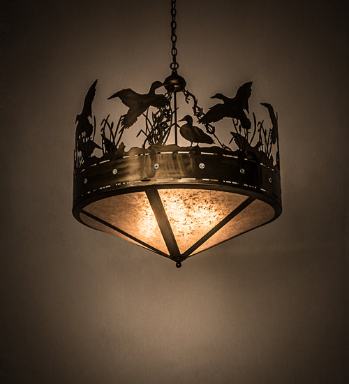 Meyda Lighting Ducks in Flight 36" 4-Light Antique Copper Inverted Pendant Light With Silver Mica Shade Glass