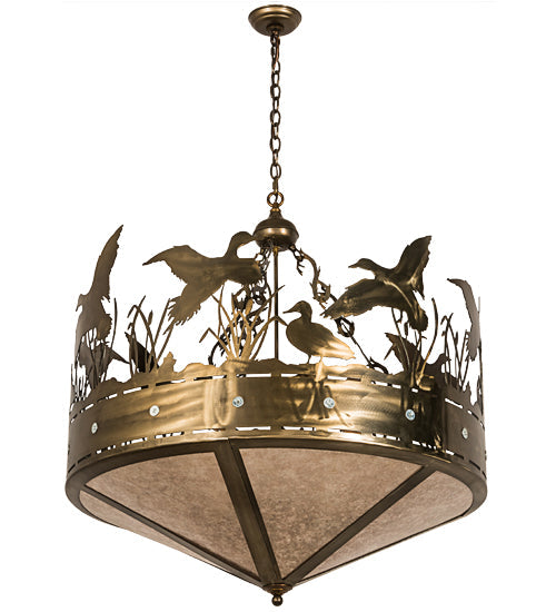 Meyda Lighting Ducks in Flight 36" 4-Light Antique Copper Inverted Pendant Light With Silver Mica Shade Glass