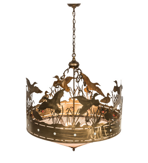 Meyda Lighting Ducks in Flight 36" 4-Light Antique Copper Inverted Pendant Light With Silver Mica Shade Glass