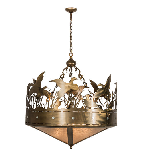 Meyda Lighting Ducks in Flight 36" 4-Light Antique Copper Inverted Pendant Light With Silver Mica Shade Glass