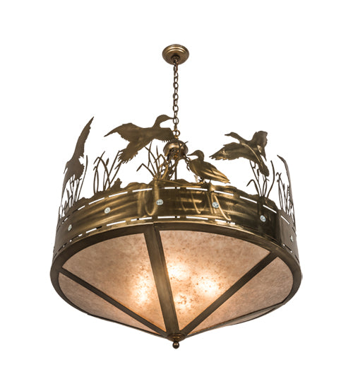 Meyda Lighting Ducks in Flight 36" 4-Light Antique Copper Inverted Pendant Light With Silver Mica Shade Glass