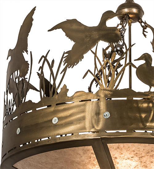 Meyda Lighting Ducks in Flight 36" 4-Light Antique Copper Inverted Pendant Light With Silver Mica Shade Glass