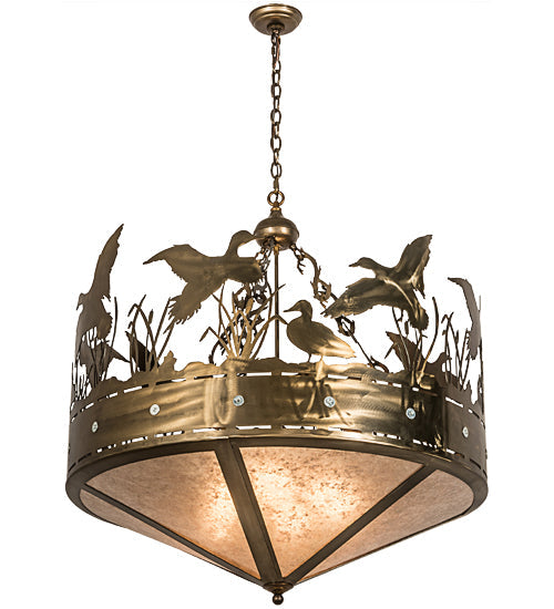 Meyda Lighting Ducks in Flight 36" 4-Light Antique Copper Inverted Pendant Light With Silver Mica Shade Glass