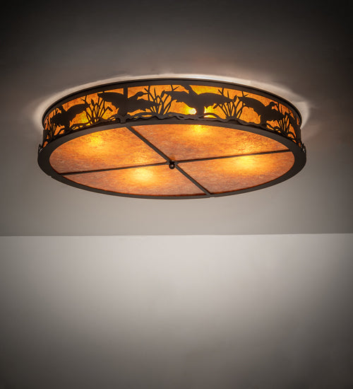 Meyda Lighting Ducks in Flight 40" 4-Light Oil Rubbed Bronze Flush Mount Light With Amber Mica Shade Glass