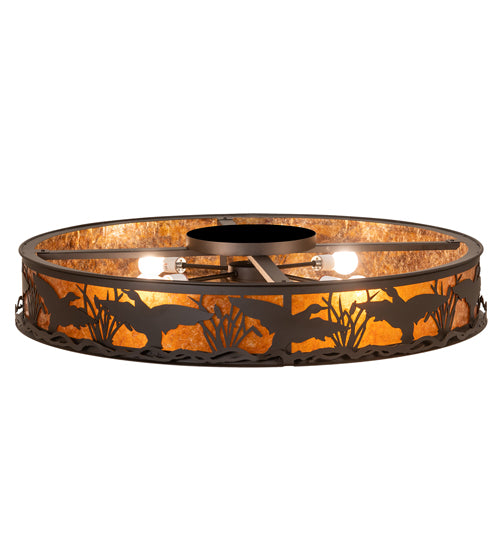 Meyda Lighting Ducks in Flight 40" 4-Light Oil Rubbed Bronze Flush Mount Light With Amber Mica Shade Glass