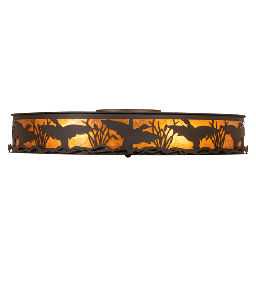 Meyda Lighting Ducks in Flight 40" 4-Light Oil Rubbed Bronze Flush Mount Light With Amber Mica Shade Glass