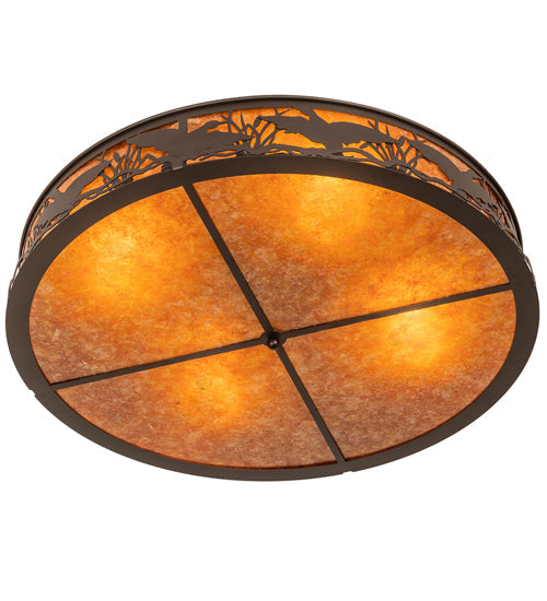 Meyda Lighting Ducks in Flight 40" 4-Light Oil Rubbed Bronze Flush Mount Light With Amber Mica Shade Glass