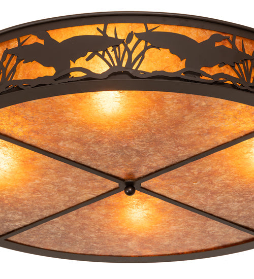 Meyda Lighting Ducks in Flight 40" 4-Light Oil Rubbed Bronze Flush Mount Light With Amber Mica Shade Glass