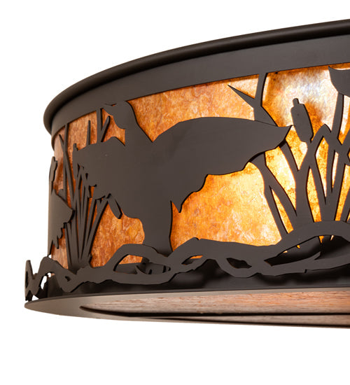 Meyda Lighting Ducks in Flight 40" 4-Light Oil Rubbed Bronze Flush Mount Light With Amber Mica Shade Glass