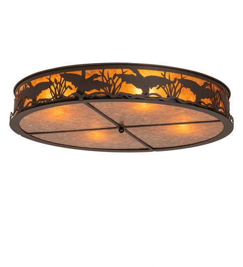 Meyda Lighting Ducks in Flight 40" 4-Light Oil Rubbed Bronze Flush Mount Light With Amber Mica Shade Glass