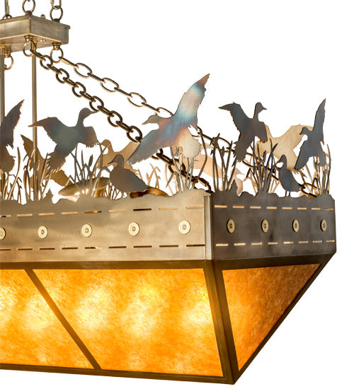Meyda Lighting Ducks in Flight 48" 12-Light Dark Burnished Antique Copper Inverted Island Pendant Light With Amber Mica Shade Glass