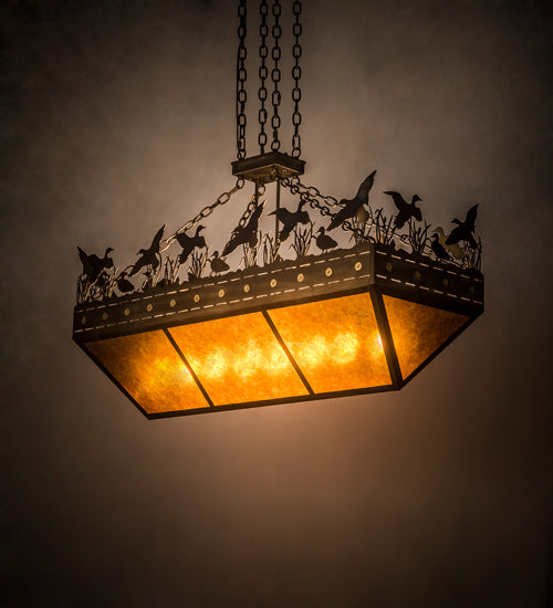 Meyda Lighting Ducks in Flight 48" 12-Light Dark Burnished Antique Copper Inverted Island Pendant Light With Amber Mica Shade Glass