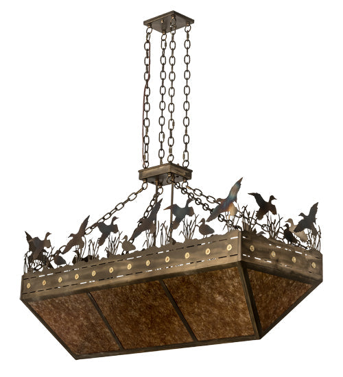 Meyda Lighting Ducks in Flight 48" 12-Light Dark Burnished Antique Copper Inverted Island Pendant Light With Amber Mica Shade Glass