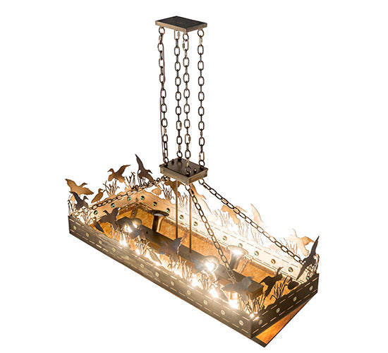 Meyda Lighting Ducks in Flight 48" 12-Light Dark Burnished Antique Copper Inverted Island Pendant Light With Amber Mica Shade Glass