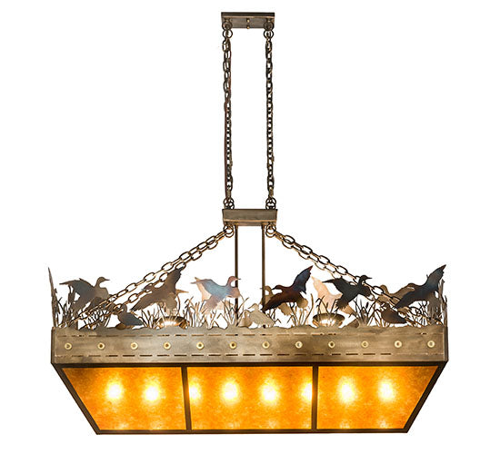 Meyda Lighting Ducks in Flight 48" 12-Light Dark Burnished Antique Copper Inverted Island Pendant Light With Amber Mica Shade Glass