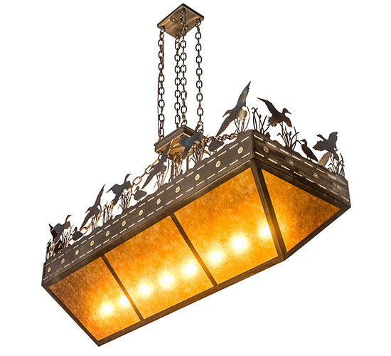 Meyda Lighting Ducks in Flight 48" 12-Light Dark Burnished Antique Copper Inverted Island Pendant Light With Amber Mica Shade Glass