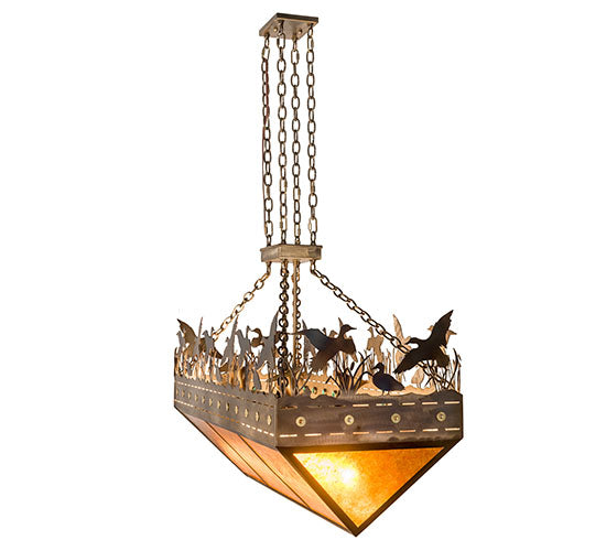 Meyda Lighting Ducks in Flight 48" 12-Light Dark Burnished Antique Copper Inverted Island Pendant Light With Amber Mica Shade Glass