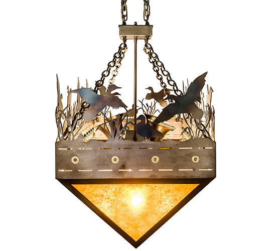 Meyda Lighting Ducks in Flight 48" 12-Light Dark Burnished Antique Copper Inverted Island Pendant Light With Amber Mica Shade Glass