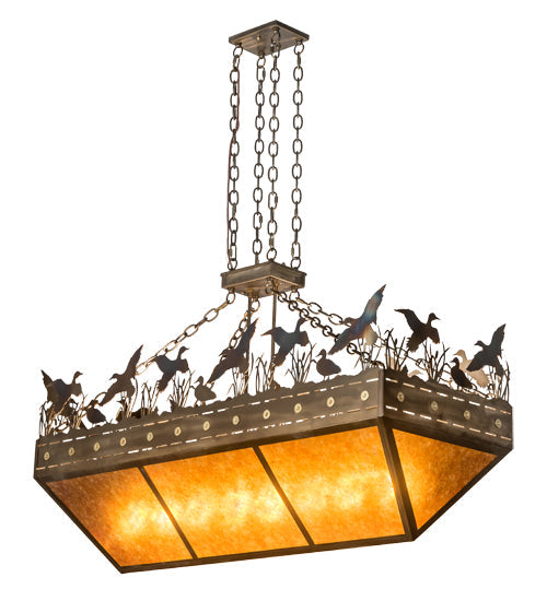 Meyda Lighting Ducks in Flight 48" 12-Light Dark Burnished Antique Copper Inverted Island Pendant Light With Amber Mica Shade Glass