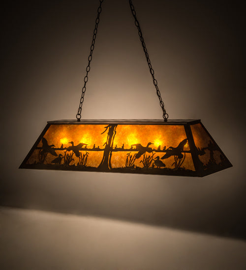 Meyda Lighting Ducks in Flight 48" 6-Light Antique Copper Island Pendant Light With Amber Mica Shade Glass