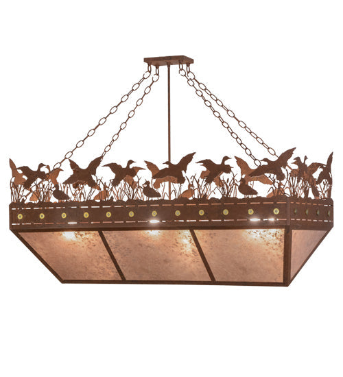 Meyda Lighting Ducks in Flight 48" 6-Light Rust Inverted Island Pendant Light With Silver Mica Shade Glass