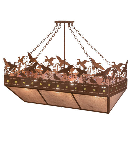 Meyda Lighting Ducks in Flight 48" 6-Light Rust Inverted Island Pendant Light With Silver Mica Shade Glass