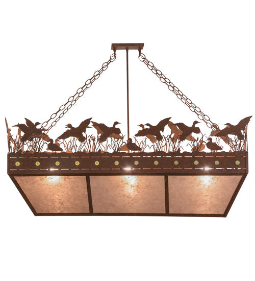 Meyda Lighting Ducks in Flight 48" 6-Light Rust Inverted Island Pendant Light With Silver Mica Shade Glass