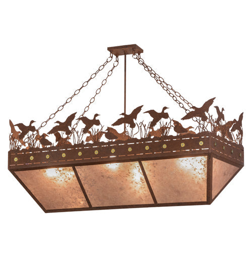 Meyda Lighting Ducks in Flight 48" 6-Light Rust Inverted Island Pendant Light With Silver Mica Shade Glass