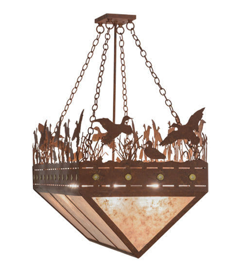Meyda Lighting Ducks in Flight 48" 6-Light Rust Inverted Island Pendant Light With Silver Mica Shade Glass
