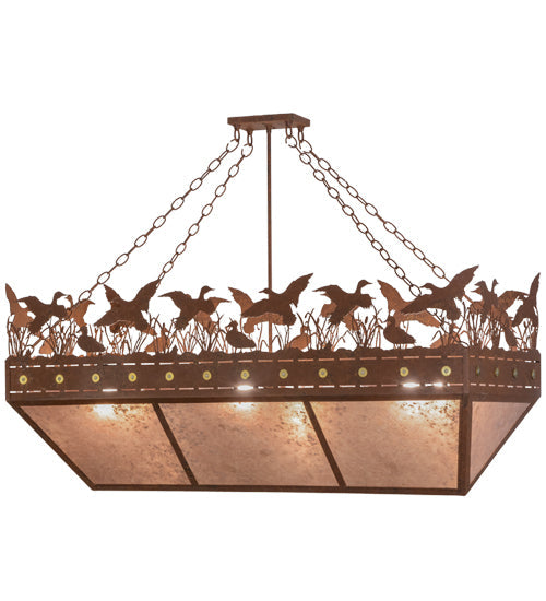 Meyda Lighting Ducks in Flight 48" 6-Light Rust Inverted Island Pendant Light With Silver Mica Shade Glass