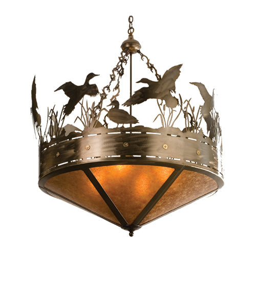 Meyda Lighting Ducks in Flight 48" 7-Light Antique Copper Inverted Pendant Light With Amber Mica Shade Glass