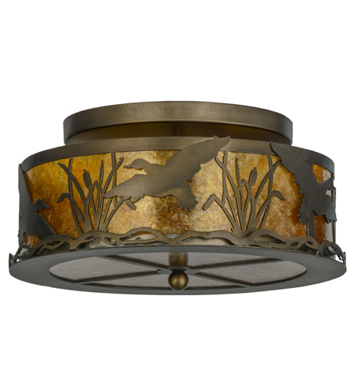 Meyda Lighting Ducks in Flight 51239 16" 2-Light Antique Copper Flush Mount Light With Amber Mica Shade Glass