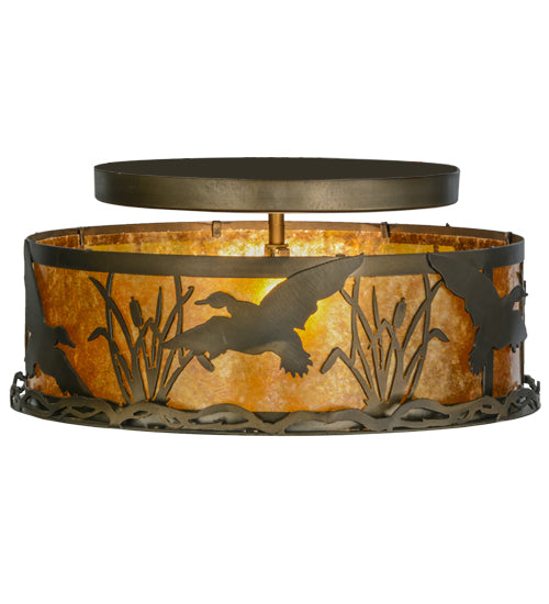 Meyda Lighting Ducks in Flight 51239 16" 2-Light Antique Copper Flush Mount Light With Amber Mica Shade Glass