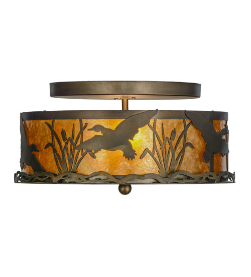 Meyda Lighting Ducks in Flight 51239 16" 2-Light Antique Copper Flush Mount Light With Amber Mica Shade Glass