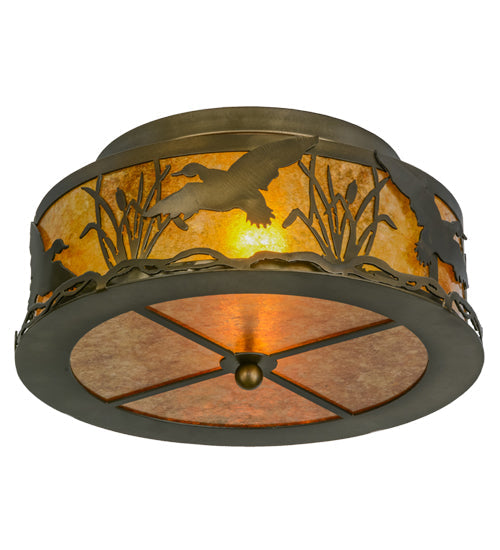 Meyda Lighting Ducks in Flight 51239 16" 2-Light Antique Copper Flush Mount Light With Amber Mica Shade Glass