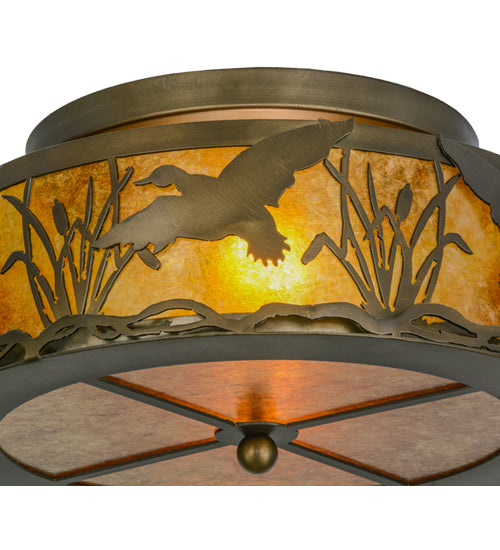 Meyda Lighting Ducks in Flight 51239 16" 2-Light Antique Copper Flush Mount Light With Amber Mica Shade Glass