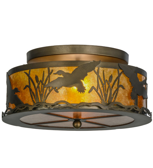 Meyda Lighting Ducks in Flight 51239 16" 2-Light Antique Copper Flush Mount Light With Amber Mica Shade Glass