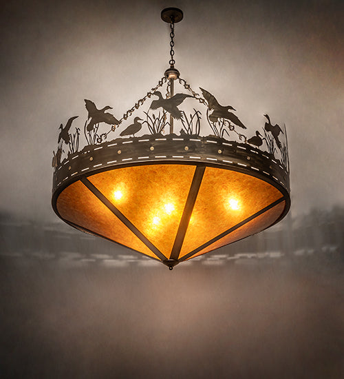Meyda Lighting Ducks in Flight 60" 10-Light Antique Copper Inverted Pendant Light With Amber Mica Shade Glass