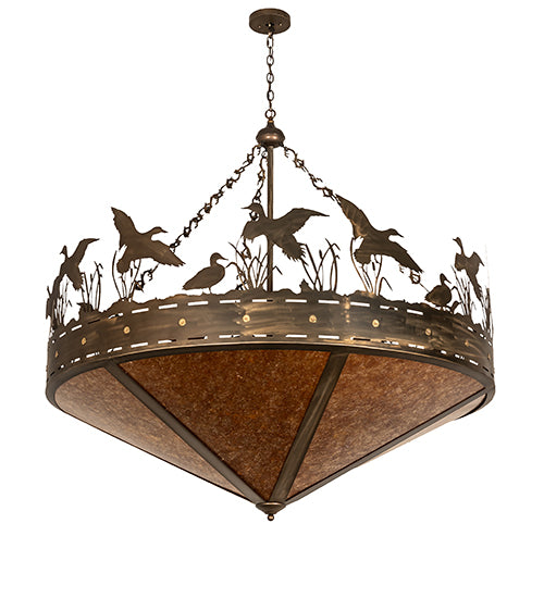 Meyda Lighting Ducks in Flight 60" 10-Light Antique Copper Inverted Pendant Light With Amber Mica Shade Glass