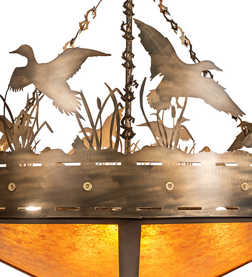 Meyda Lighting Ducks in Flight 60" 10-Light Antique Copper Inverted Pendant Light With Amber Mica Shade Glass
