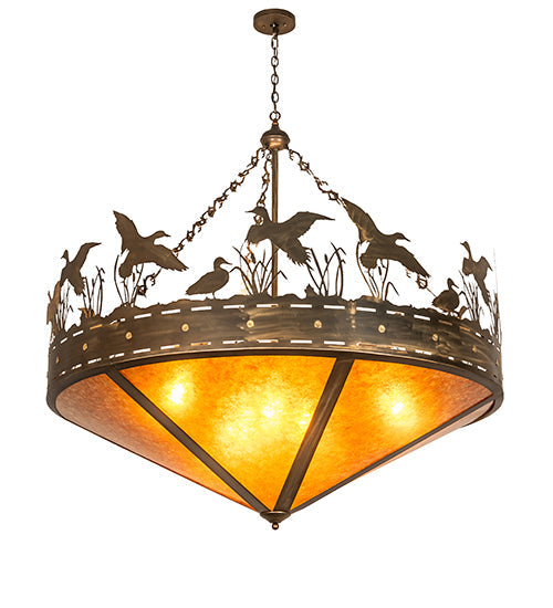 Meyda Lighting Ducks in Flight 60" 10-Light Antique Copper Inverted Pendant Light With Amber Mica Shade Glass