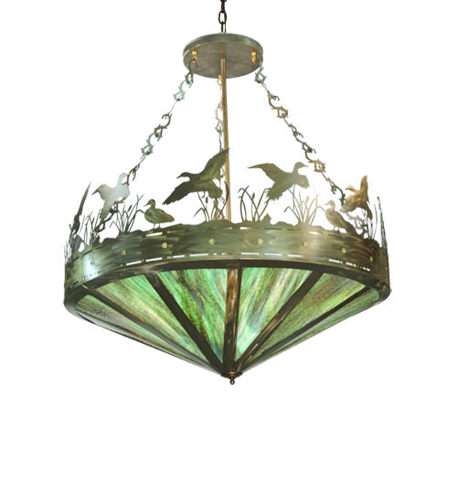 Meyda Lighting Ducks in Flight 60" 9-Light Antique Copper Inverted Pendant Light With Green Shade Glass
