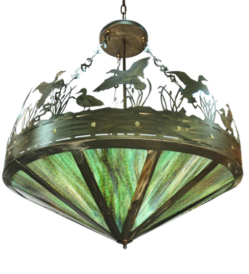 Meyda Lighting Ducks in Flight 60" 9-Light Antique Copper Inverted Pendant Light With Green Shade Glass