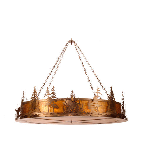 Meyda Lighting Ducks in Flight 67" 12-Light Antique Copper Inverted Pendant Light With Amber Mica Shade Glass